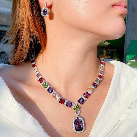 Multi Color Purple Cubic Zirconia Rhodium & Silver Plated Necklace Set