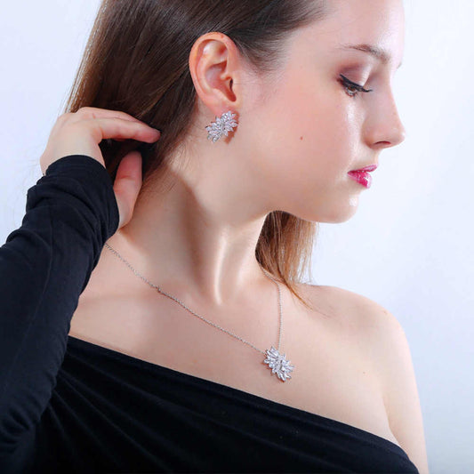 Flower Shape Marquise Cut Silver & Rhodium Plated CZ Drop Dangle Necklace and Earrings