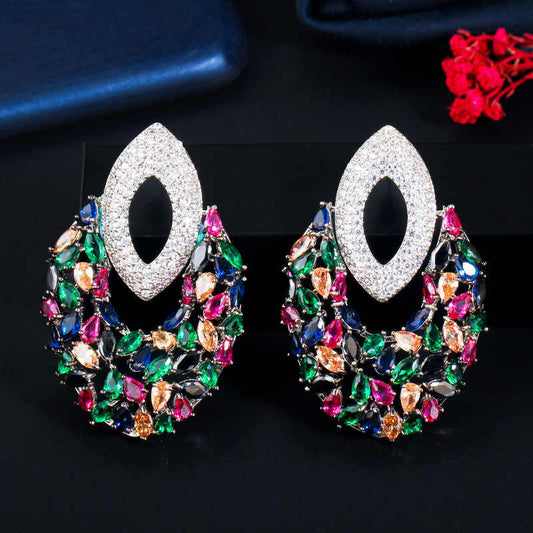 Black Gun Plated Multi Color Cubic Zirconia Long Drop Earrings