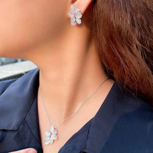 Glitter White Gold Plated Cubic Zirconia Big Leaf Shaped Pendant & Earring Set