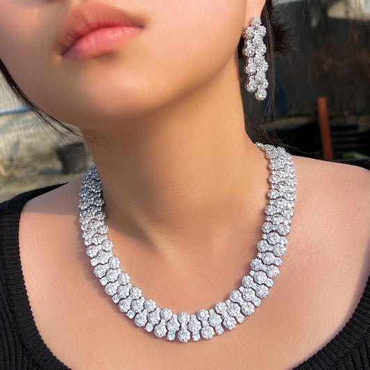 Glamorous Full Cubic Zirconia Pave Round Big Silver Plated Necklace Set