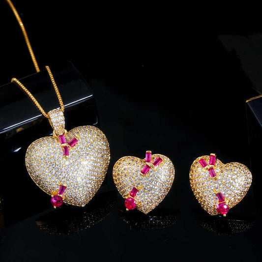 18k Gold Plated Cubic Zirconia Crystal Party Heart Shape Pendant and Earrings