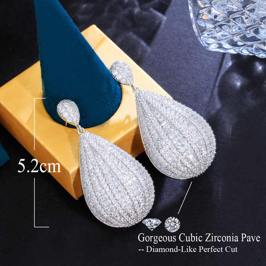 Full Cubic Zirconia Pave White Gold Color Long Dangling Big Water Drop Earrings