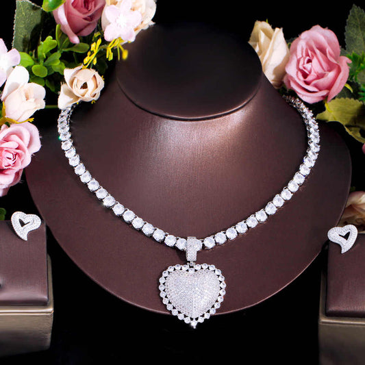 Big Heart Shape Necklace set Iced Out Cubic Zirconia Rhodium & Silver Plated