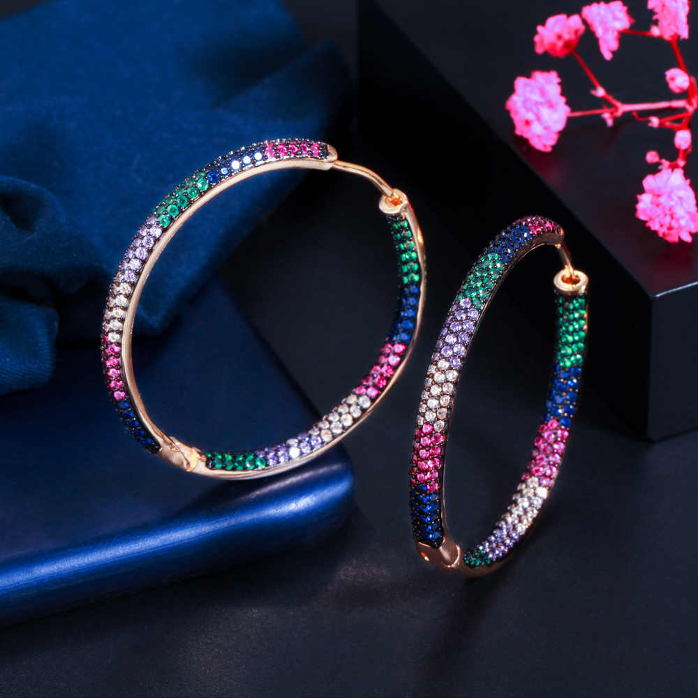 Rainbow 18K Gold Plated Shiny Cubic Zirconia Stone Big Circle Hoop Earrings for Women