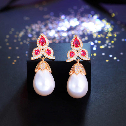 Red Leaf Zirconia Gold Plated Big Imitation Pearl Dangle Drop Earrings