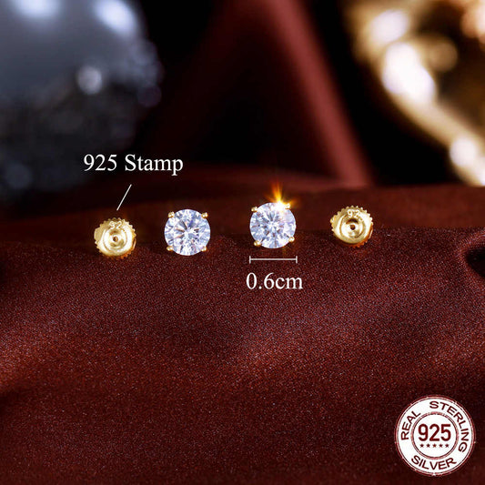 Classic 925 Sterling Silver Single Stone 6mm Cubic Zircon 18k Gold Plated Earrings