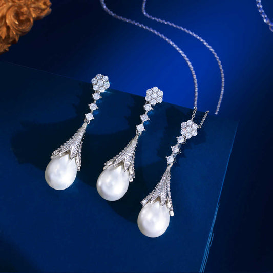 Exquisite Shiny Cubic Zircon Simulated Pearl Rhodium & Silver Plated Pendant & Earrings