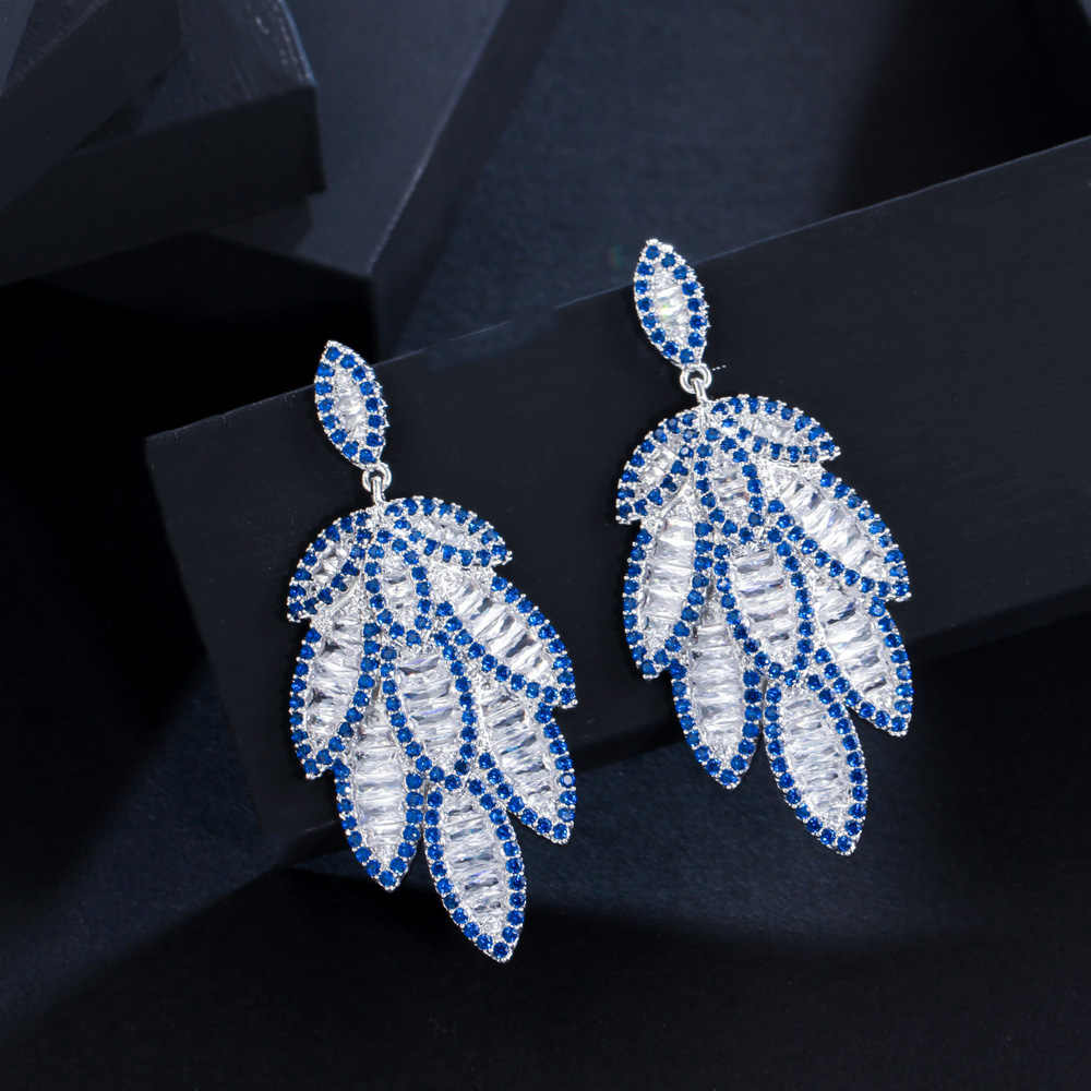 Blue Cubic Zirconia Pave Long Leaf Dangle Earrings