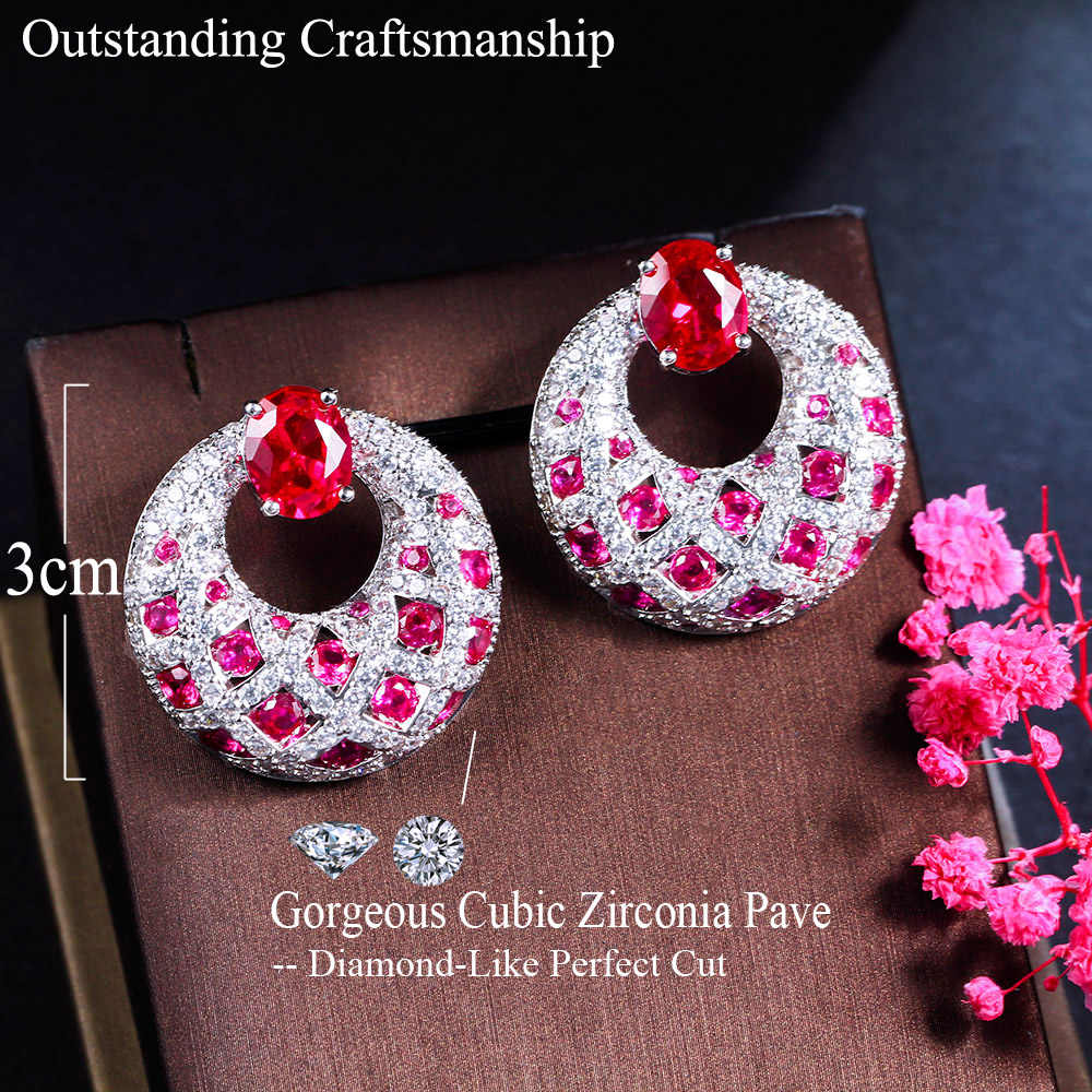 Royal Pink Red Cubic Zirconia Stone Round Big Rhodium & Silver Plated Earrings