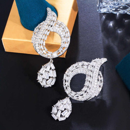 Silver Plated African Cubic Zirconia Pave Long Drop Dangle Earrings CZ