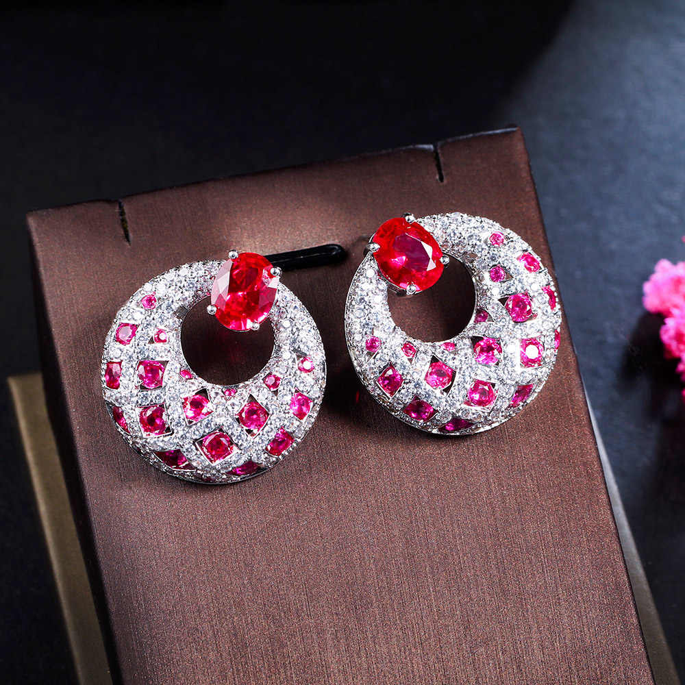 Royal Pink Red Cubic Zirconia Stone Round Big Rhodium & Silver Plated Earrings