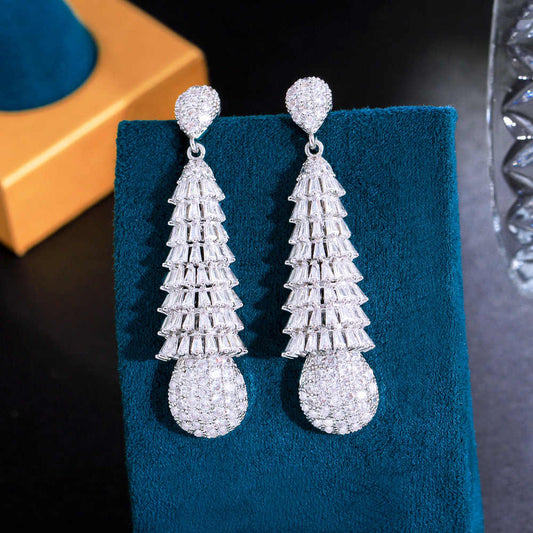 Silver Plated Long Dangling Cubic Zirconia Stone Drop Earrings