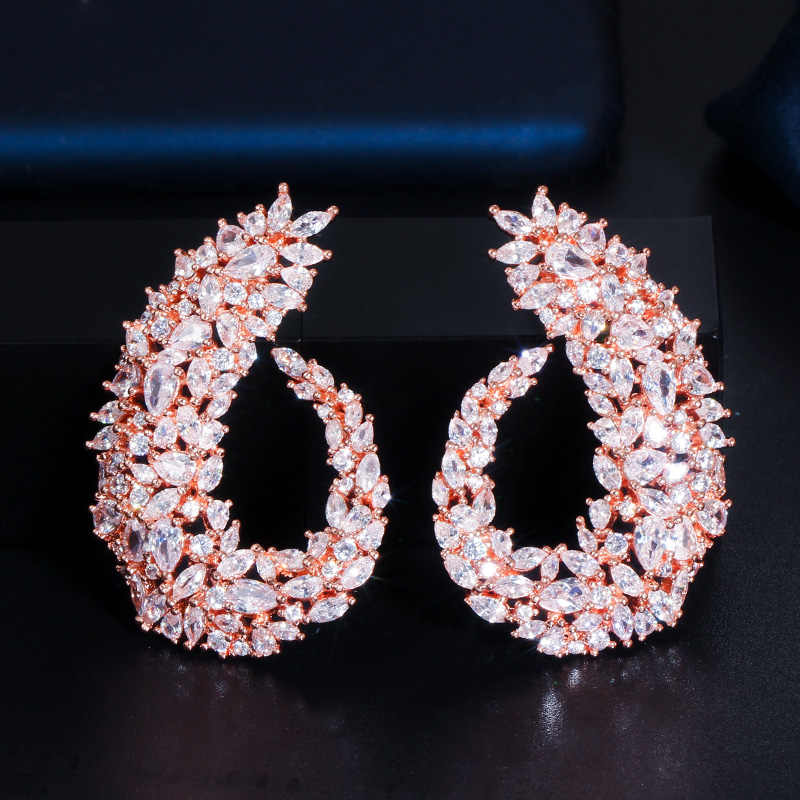 Rose Gold Plated Cubic Zirconia Big Flower Drop Earrings