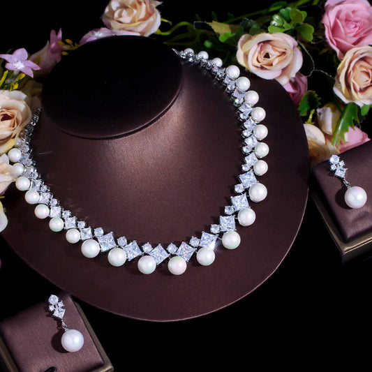 High Quality Silver Plated Cubic Zircon Big Pearl Necklace and Earrings