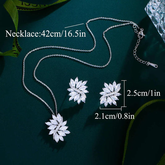 Flower Shape Marquise Cut Silver & Rhodium Plated CZ Drop Dangle Necklace and Earrings