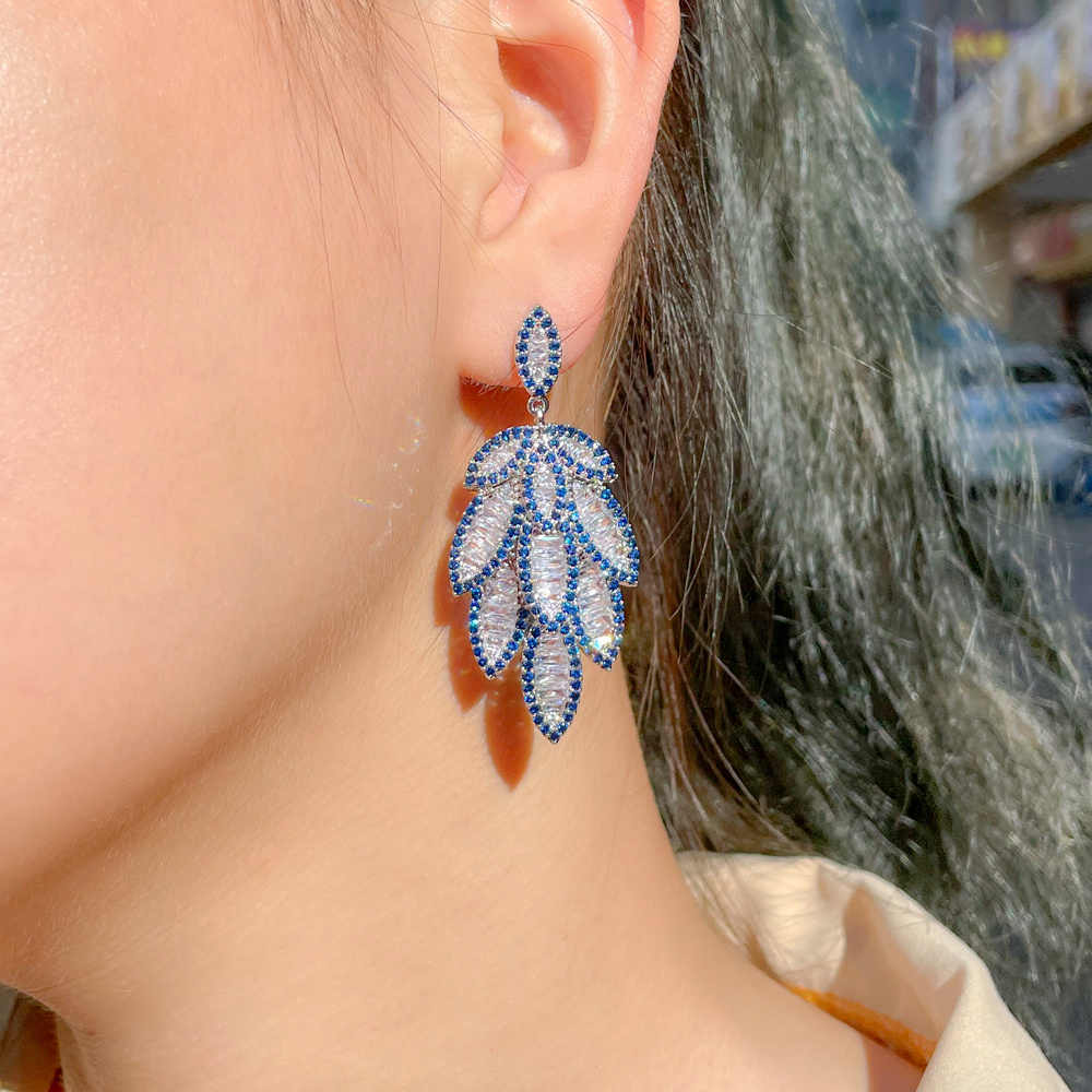 Blue Cubic Zirconia Pave Long Leaf Dangle Earrings