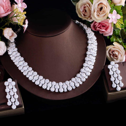 Glamorous Full Cubic Zirconia Pave Round Big Silver Plated Necklace Set