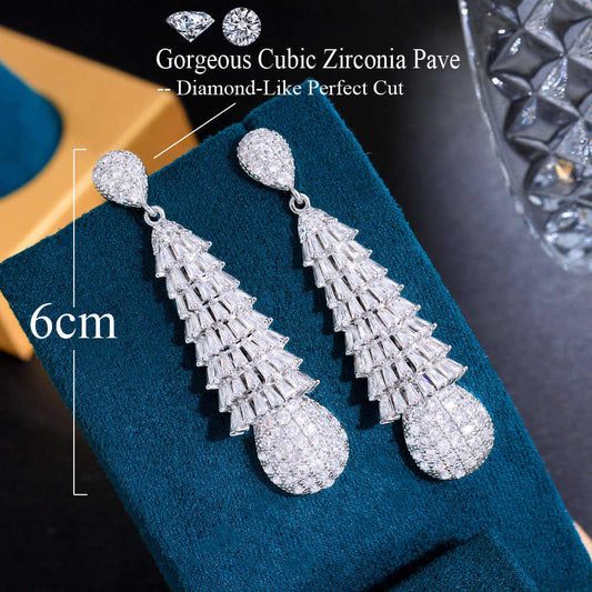 Silver Plated Long Dangling Cubic Zirconia Stone Drop Earrings