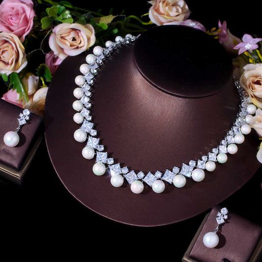 High Quality Silver Plated Cubic Zircon Big Pearl Necklace and Earrings