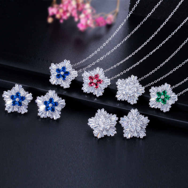 3A Cubic Zirconia Snow Flower Pendant and Stud Earrings Sets for Women