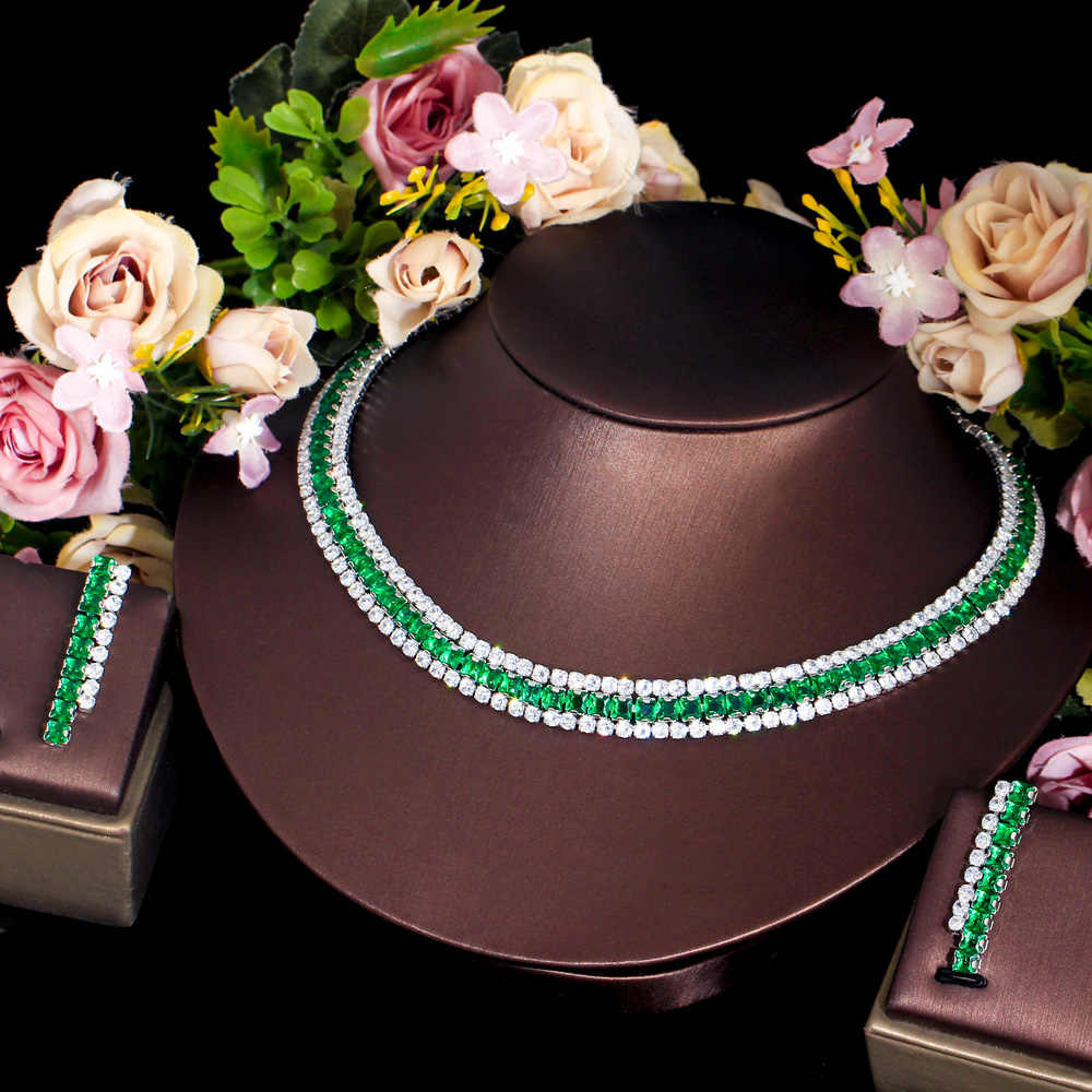 2 Pic Silver Plated Multiple Green Cubic Zirconia Round Necklace & Earrings