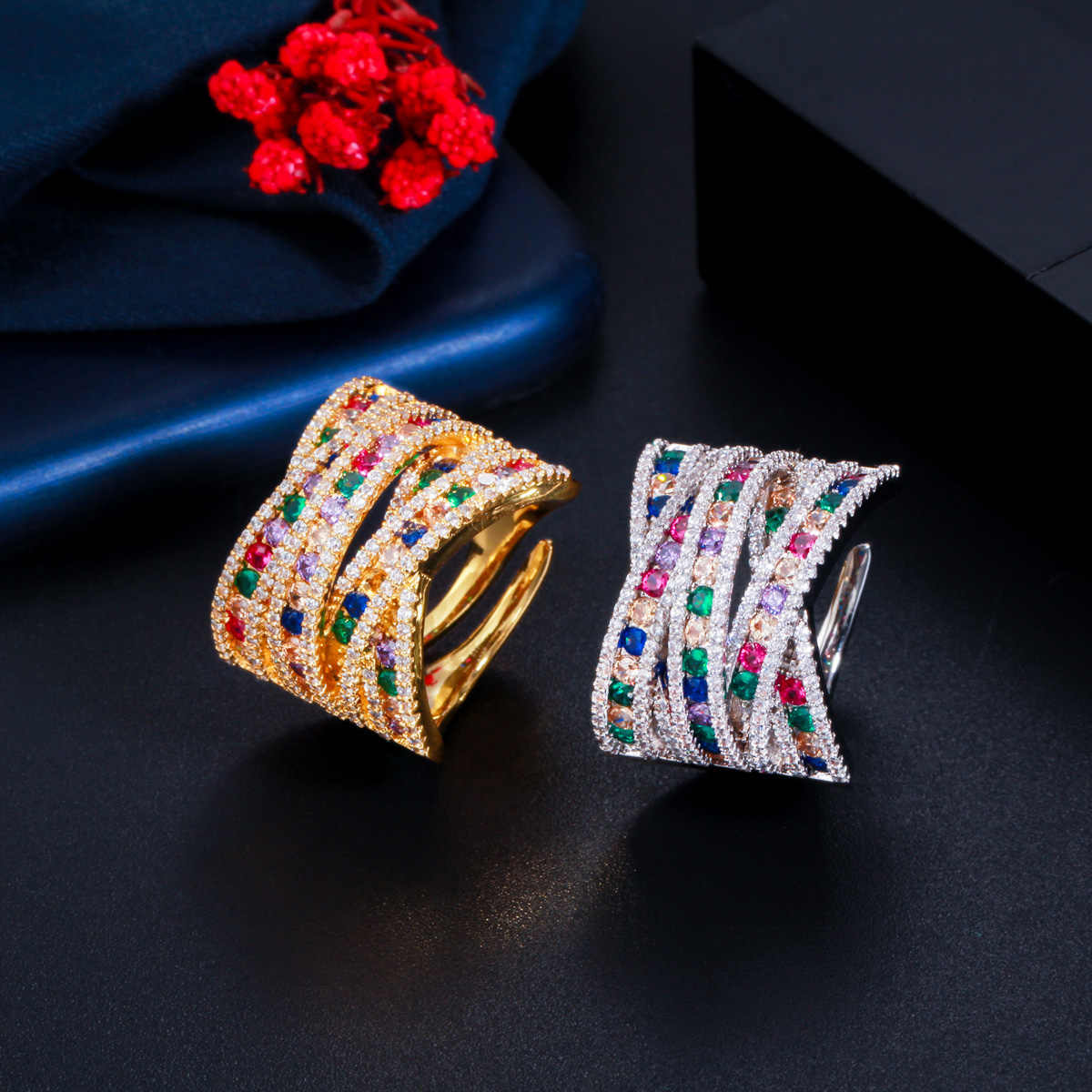 18k Gold Plated Mixcolor Cubic Zirconia CZ Adjustable Rings