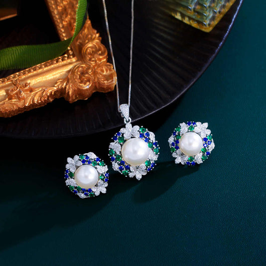 Elegant Flower Leaf Design Blue Green Cubic Zirconia Pearl Pendant & Earrings Set