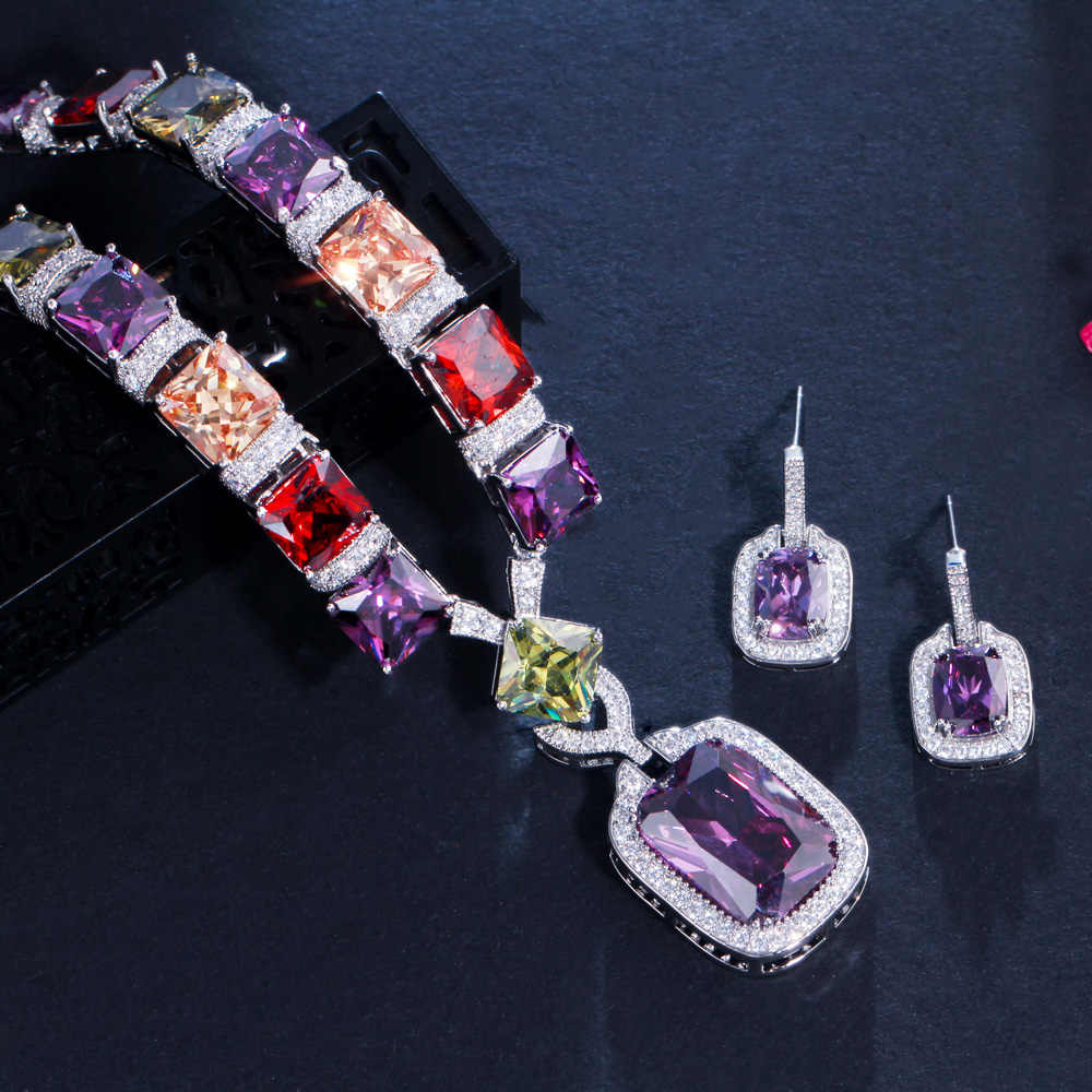 Multi Color Purple Cubic Zirconia Rhodium & Silver Plated Necklace Set