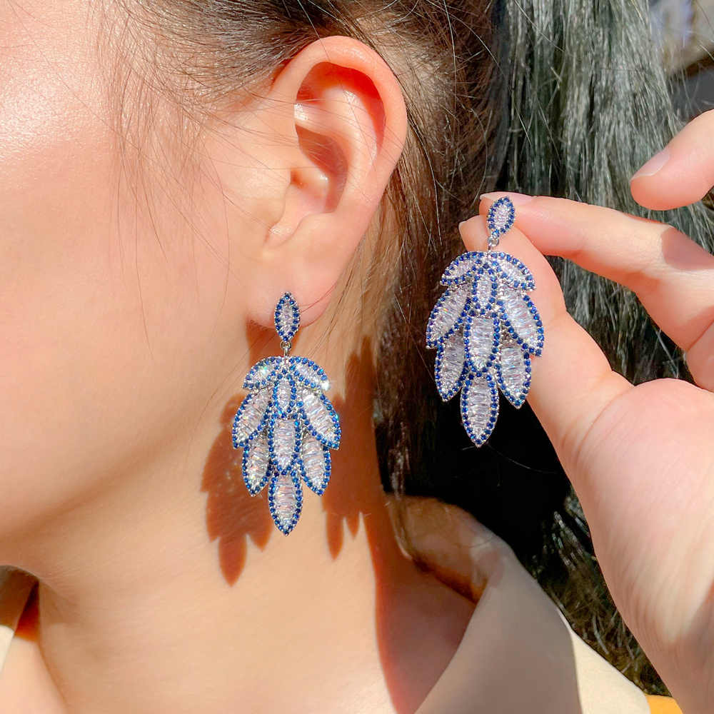 Blue Cubic Zirconia Pave Long Leaf Dangle Earrings