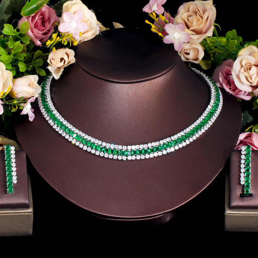 2 Pic Silver Plated Multiple Green Cubic Zirconia Round Necklace & Earrings