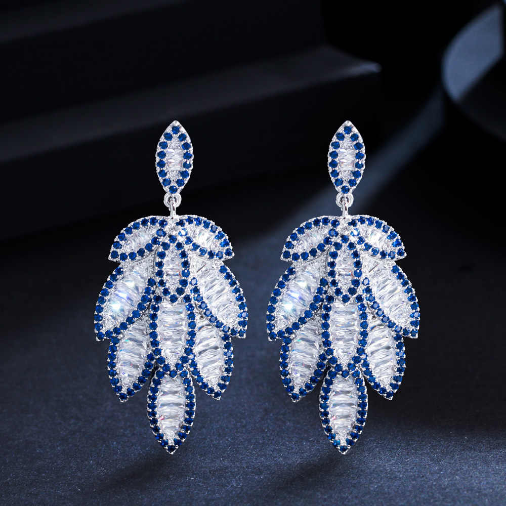 Blue Cubic Zirconia Pave Long Leaf Dangle Earrings