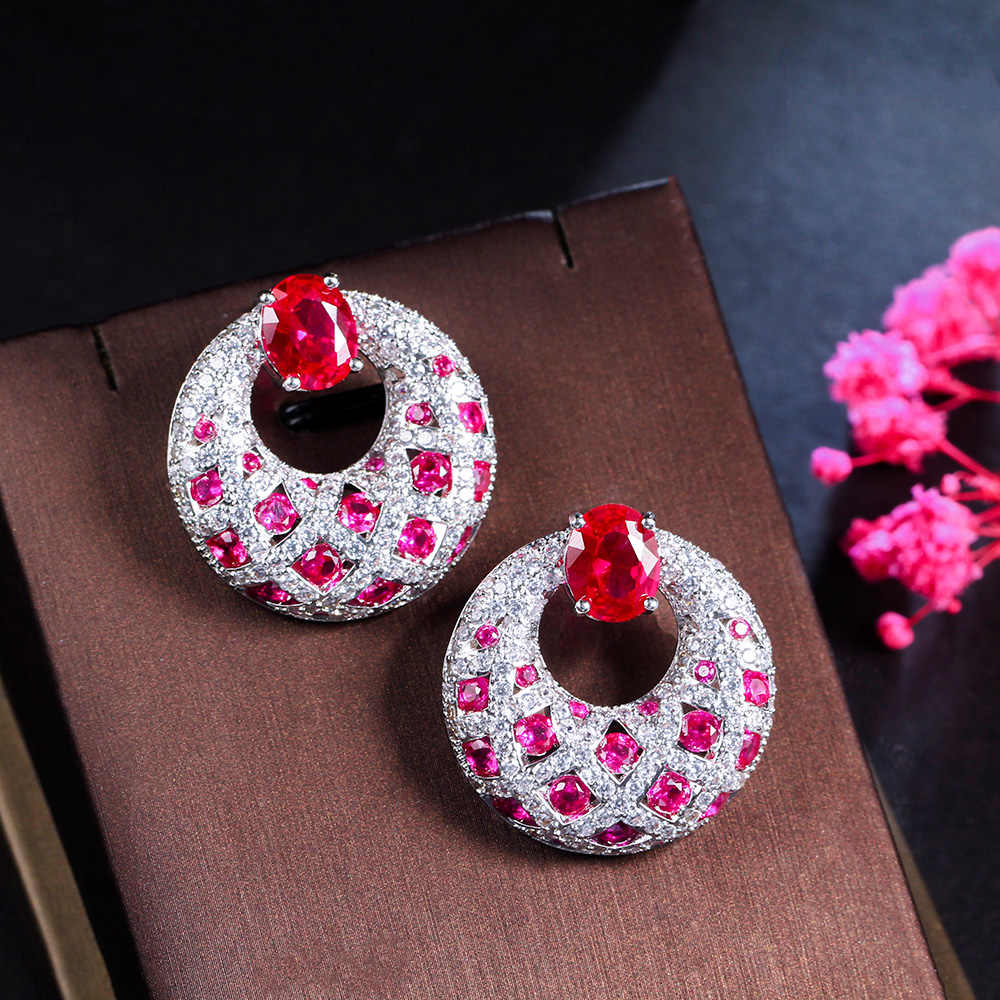 Royal Pink Red Cubic Zirconia Stone Round Big Rhodium & Silver Plated Earrings