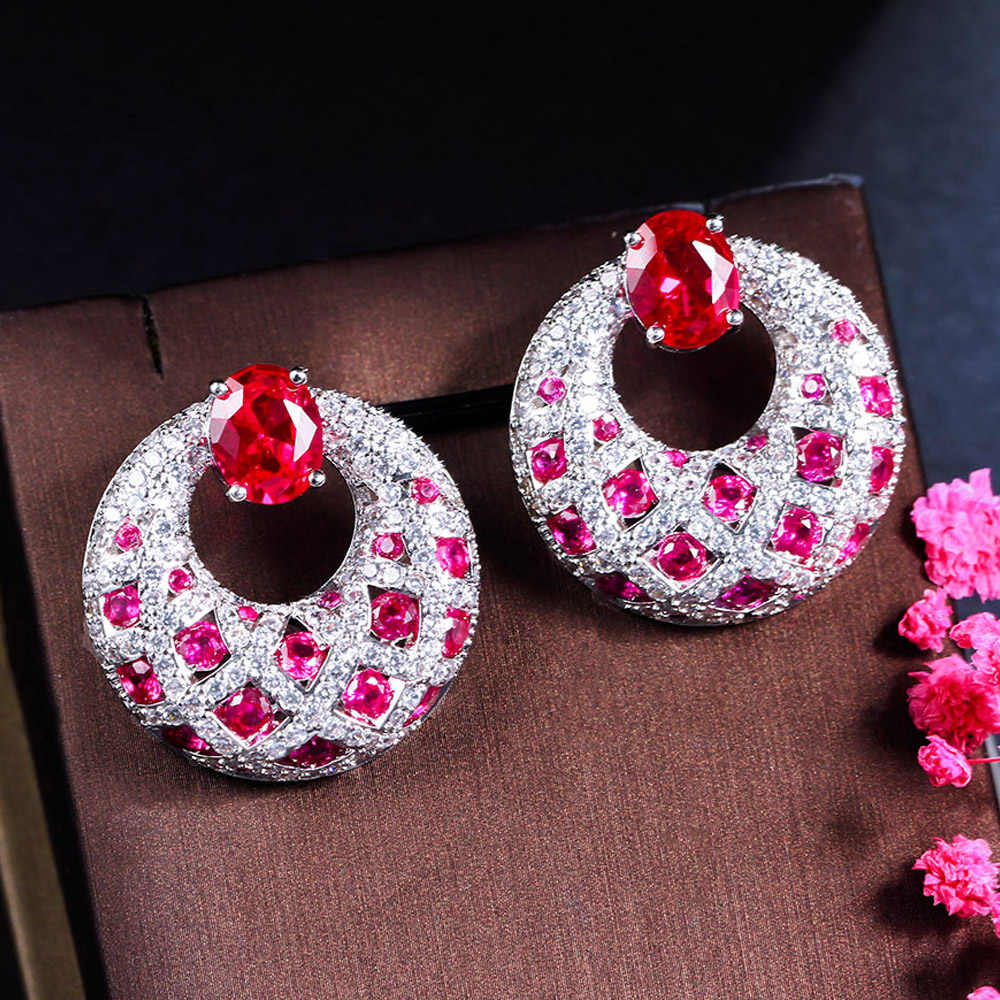 Royal Pink Red Cubic Zirconia Stone Round Big Rhodium & Silver Plated Earrings