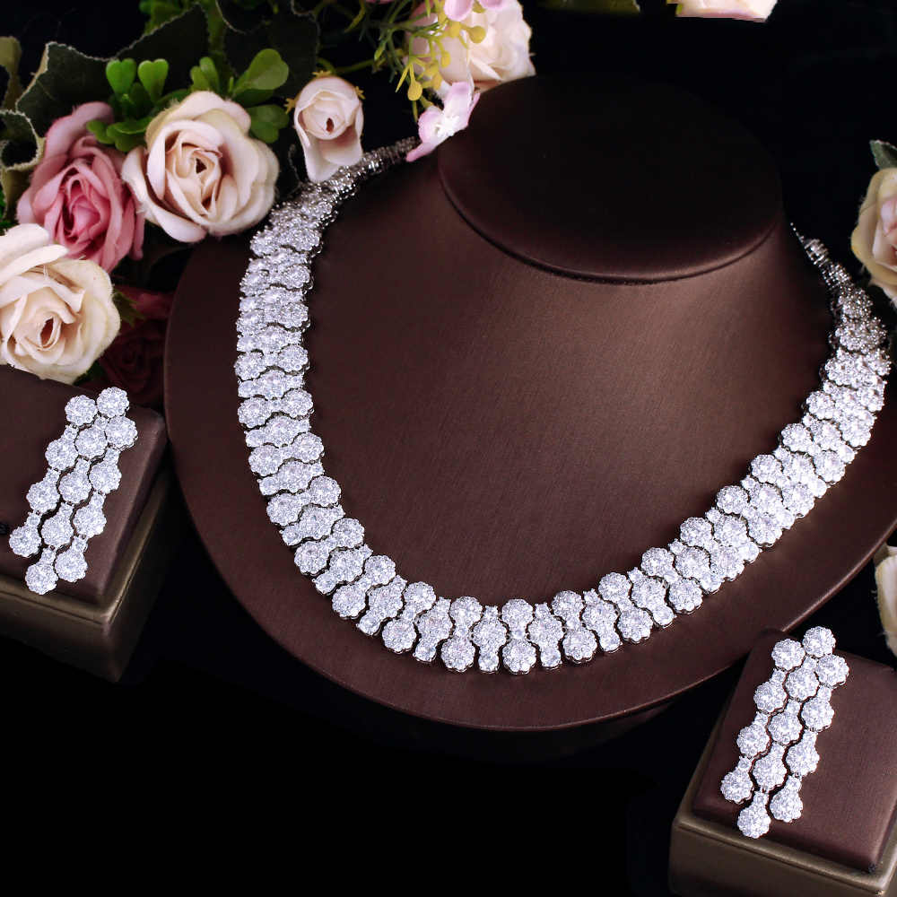 Glamorous Full Cubic Zirconia Pave Round Big Silver Plated Necklace Set