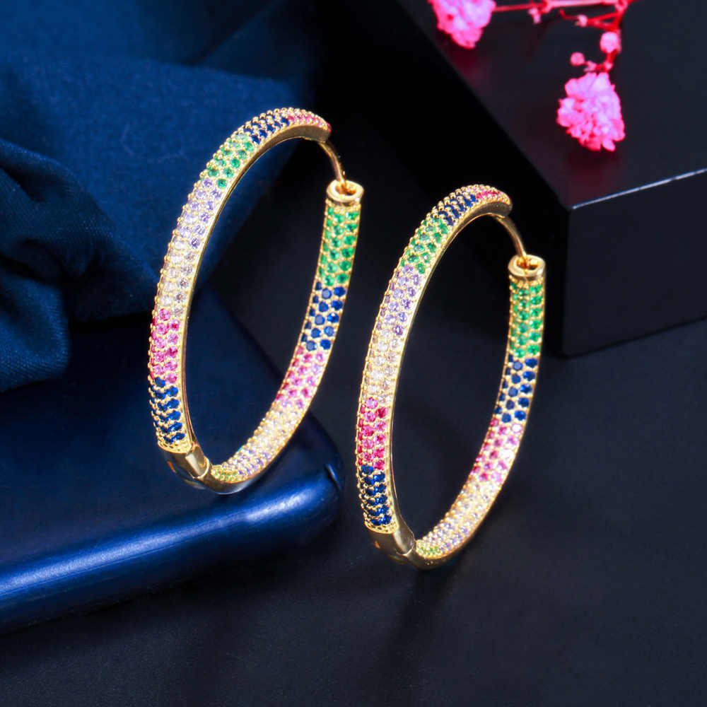 Rainbow 18K Gold Plated Shiny Cubic Zirconia Stone Big Circle Hoop Earrings for Women