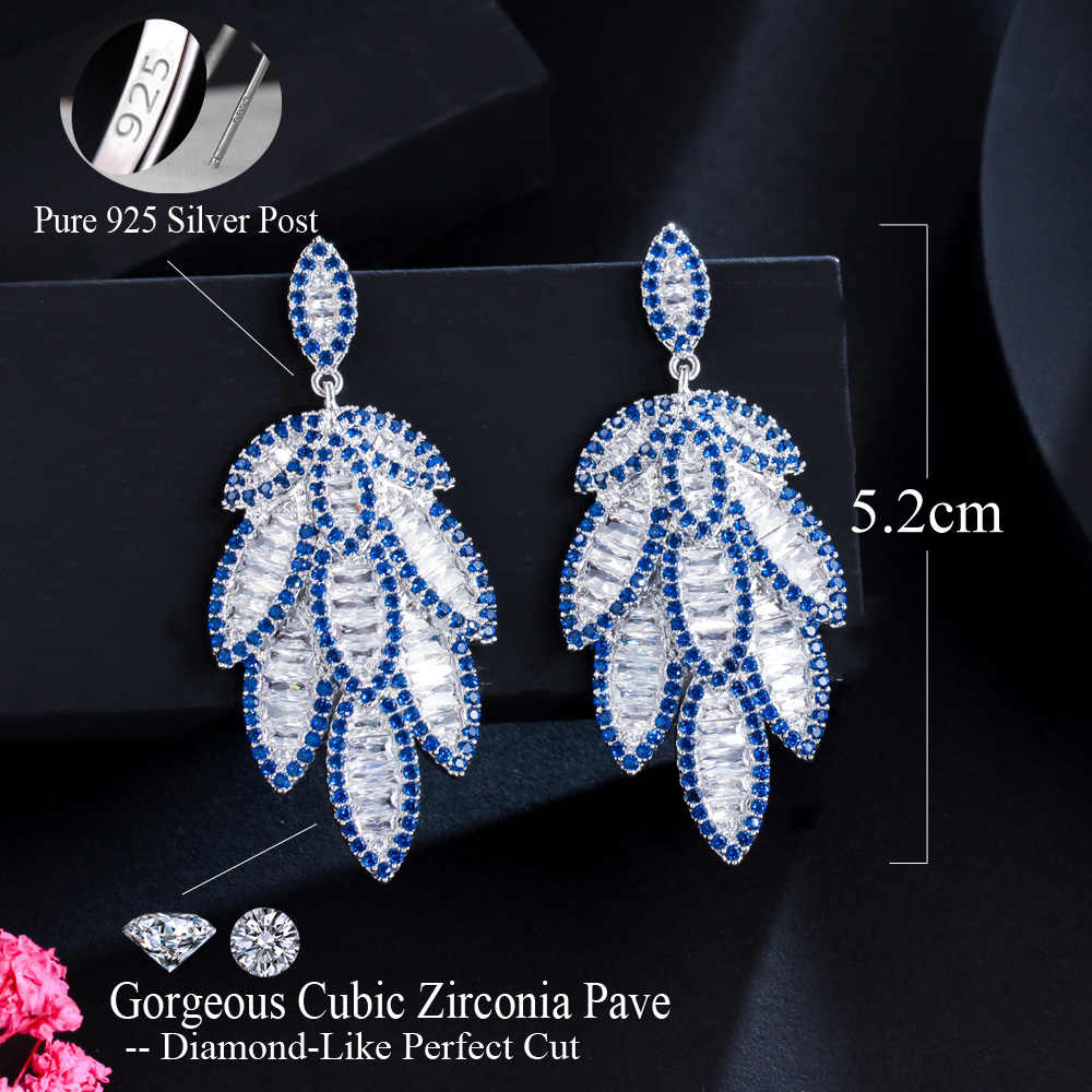 Blue Cubic Zirconia Pave Long Leaf Dangle Earrings