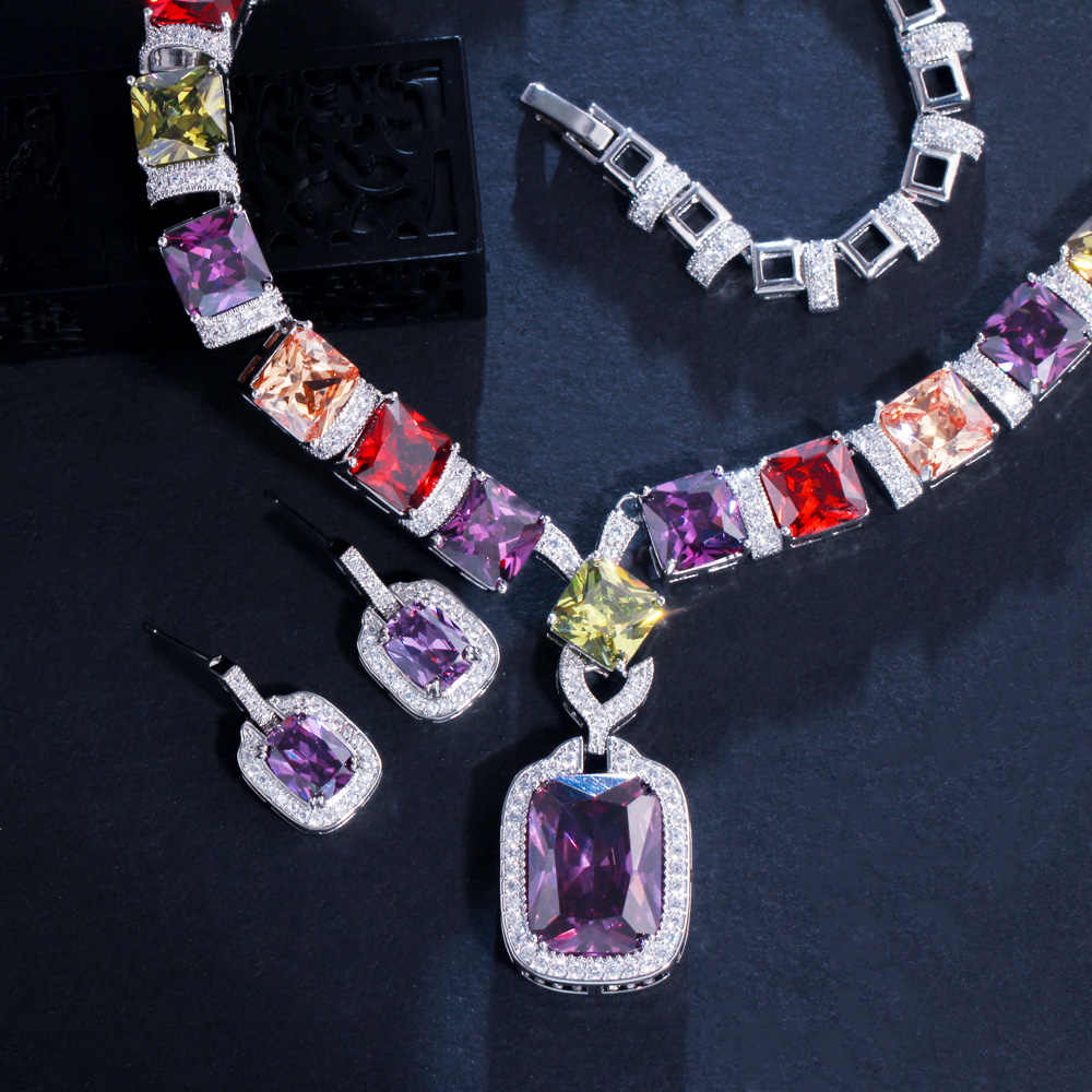 Multi Color Purple Cubic Zirconia Rhodium & Silver Plated Necklace Set