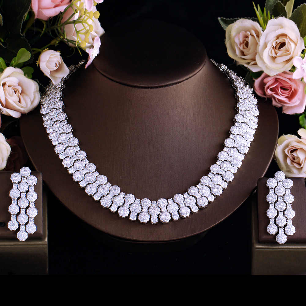 Glamorous Full Cubic Zirconia Pave Round Big Silver Plated Necklace Set