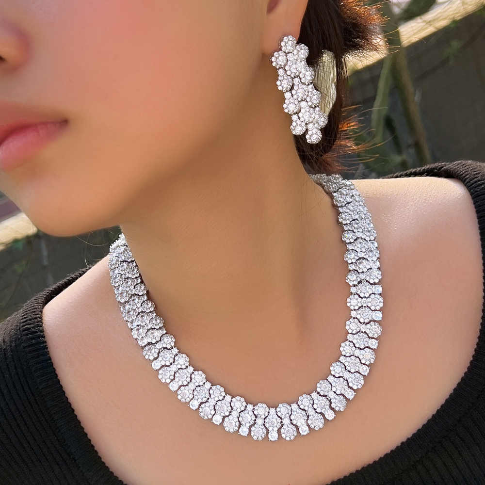 Glamorous Full Cubic Zirconia Pave Round Big Silver Plated Necklace Set