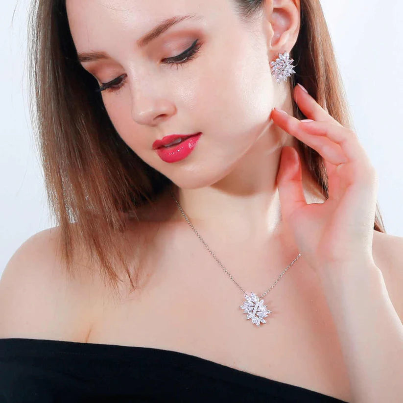 Flower Shape Marquise Cut Silver & Rhodium Plated CZ Drop Dangle Necklace and Earrings