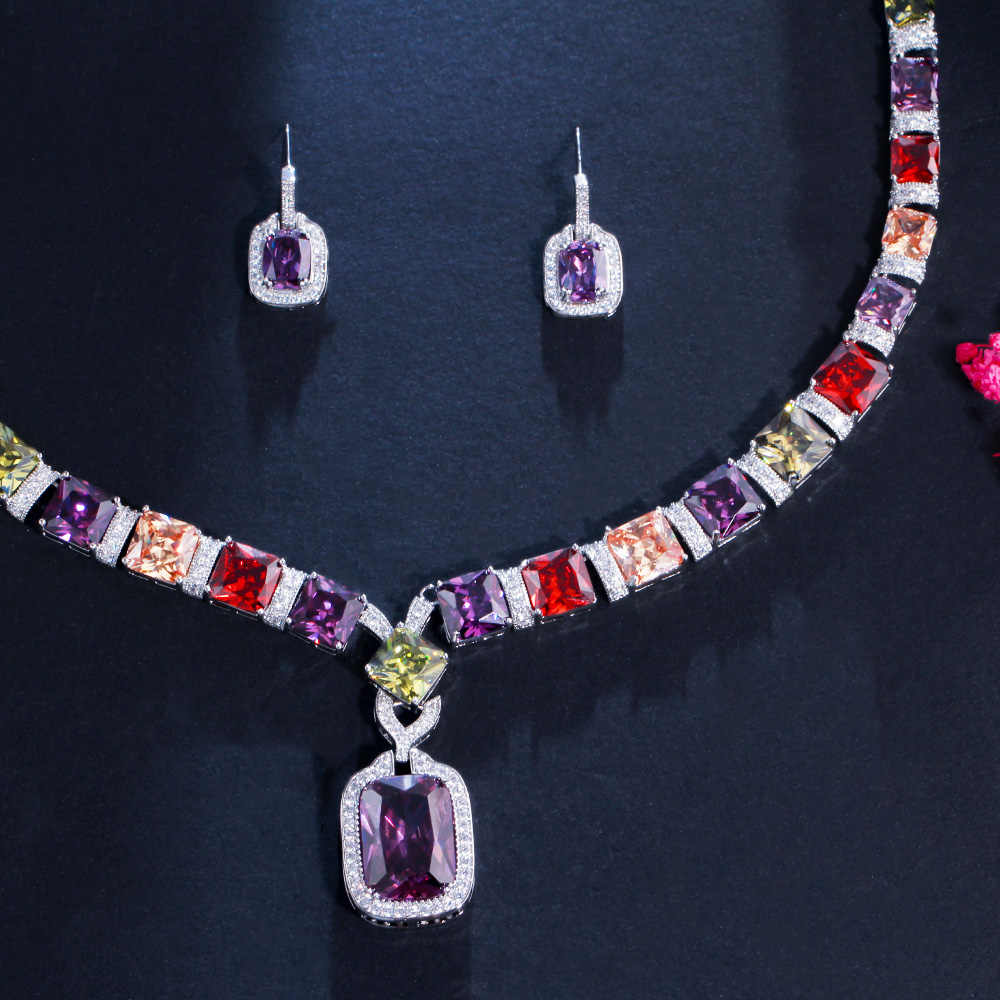 Multi Color Purple Cubic Zirconia Rhodium & Silver Plated Necklace Set