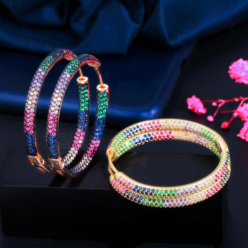 Rainbow 18K Gold Plated Shiny Cubic Zirconia Stone Big Circle Hoop Earrings for Women