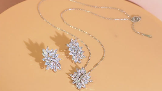 Flower Shape Marquise Cut Silver & Rhodium Plated CZ Drop Dangle Necklace and Earrings