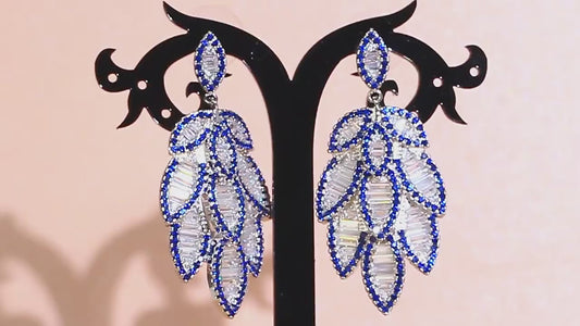 Blue Cubic Zirconia Pave Long Leaf Dangle Earrings