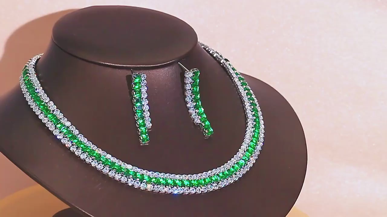 2 Pic Silver Plated Multiple Green Cubic Zirconia Round Necklace & Earrings